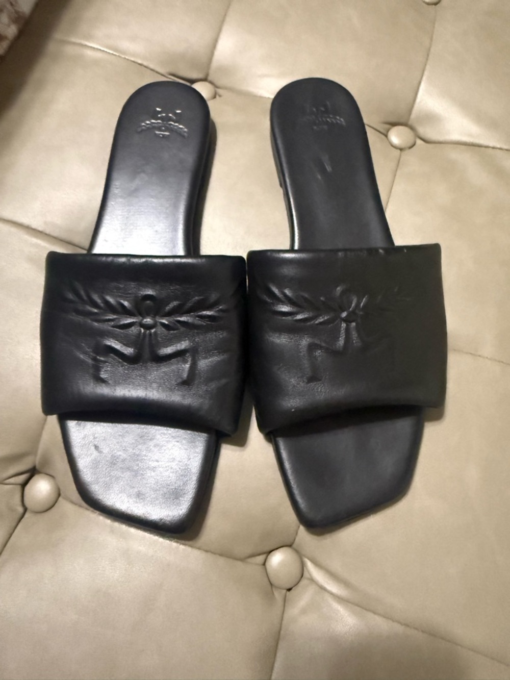 MCM Black Embossed Leather Slide Sandals
